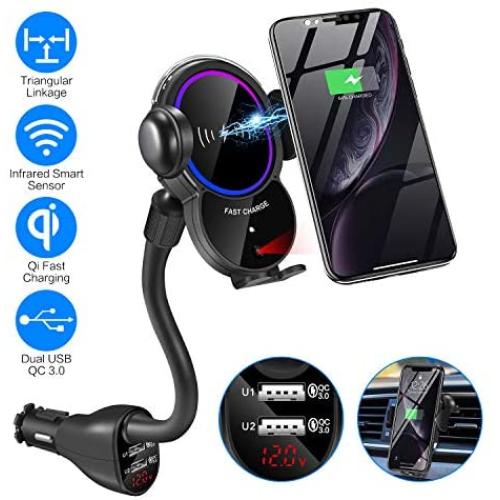 Car Cigarette Lighter Wireless Charger Mount- Automatic Clamping Phone Holder,Infrared Smart Sensor Dual USB QC3.0 Ports 10W 7.5W Qi Fast Charging Air Vent Cradle for Cell Phone