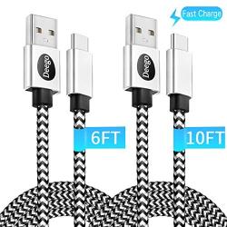 USB Type C Cable,2Pack Extra Long USB A to USB C Fast Charger Cable 10Ft 6Ft,DEEGO Nylon Braided USB C Cord Compatible for Samsung Galaxy S10 S9 S8 Plus Note 10 9 8,LG V20 V50 V40 G8 G7 Thinq,Moto Z3