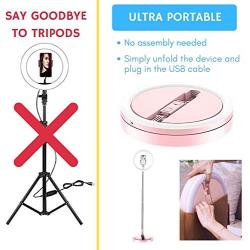 Portable Selfie Round Light LED with Stand and Cell Phone Mobile Holder (Tripod-Less) for Live Steaming, Makeup, YouTube Video, Photography, TIK-Tok, and vlogging, Compatible with iPhone and Android