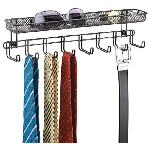 mDesign Closet Wall Mount Mens Accessory Storage Organizer Rack - Holds Belts, Neck Ties, Watches, Change, Sunglasses, Wallets - 8 Hooks and Basket - Bronze