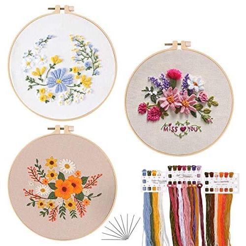Chfine 3 Pack Embroidery Starter Kit with Pattern Cross Stitch Kit Including Embroidery Cloth with 3 Bamboo Embroidery Hoops, Color Threads and Tools Kit