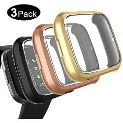 Kmasic Compatible with Fitbit Versa 2 Case Screen Protector(3-Pack), TPU Soft Accessory Protective Case Frame Cover Shell Fitbit Versa 2 Case (Black/Gold/Rose Gold)