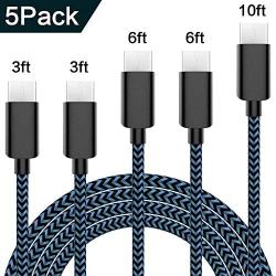 USB Type C Cable 5Pack (3/3/6/6/10FT) Nylon Braided USB C Cable Fast Charger Charging Cord Compatible Samsung Galaxy S9 S8 Note 9 Note 8 Plus,LG V30 G6 G5 V20,Google Pixel, Moto Z2 and More