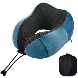 Travel Pillow, Neck & Cervical Pillows Pure Memory Foam Head Support Super Soft for Sleeping Rest, Airplane Car Bus & Home with Machine Washable Cover, Reusable Bag & Large Side Cellphone Pocket -Blue