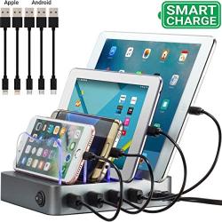 Simicore Charging Station for Multiple Devices, Simicore 4-Port USB Charger Station with 5 Short Mixed Cables for Cell Phones, Smart Phones, Tablets (Space Gray)