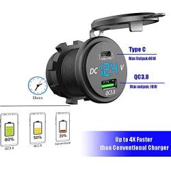 PD Type C USB Car Charger Socket and QC 3.0 Quick Charger 12V/24V Car Power Outlet Waterproof Socket 64W Dual USB Charger Socket Power Delivery 36W for Motorcycle Marine Boat RV ATV (Type C+ QC3.0(G))