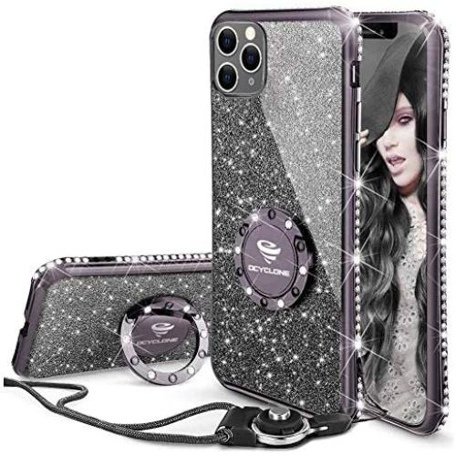 OCYCLONE iPhone 11 Pro Max Case, Cute Glitter Sparkle Bling Diamond Rhinestone Bumper with Ring Kickstand Women Girls Soft Protective Phone Case for iPhone 11 Pro Max [6.5 inch] 2019 - Black