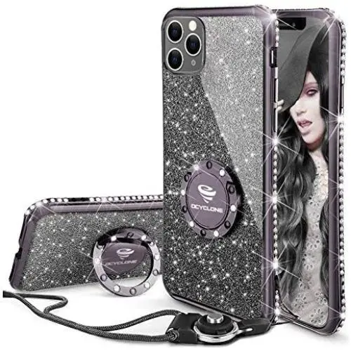 OCYCLONE iPhone 11 Pro Max Case, Cute Glitter Sparkle Bling Diamond Rhinestone Bumper with Ring Kickstand Women Girls Soft Protective Phone Case for iPhone 11 Pro Max [6.5 inch] 2019 - Black