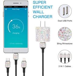 SAVORI Dual USB Wall Charger, Bling Rhinestones Wall Charger Plug Power Adapter with USB 3-in-1 Multi Charging Cable Compatible with iPhone iPad Android Type C Phones (AB Color)