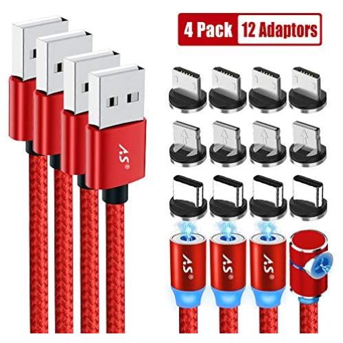Magnetic Charging Cable, A.S 3 in 1 Magnetic Phone Charger Cable, Compatible with Mirco USB, Type C Smartphone and iProduct Device (4 Pack,1ft/3ft/6ft/6ft)