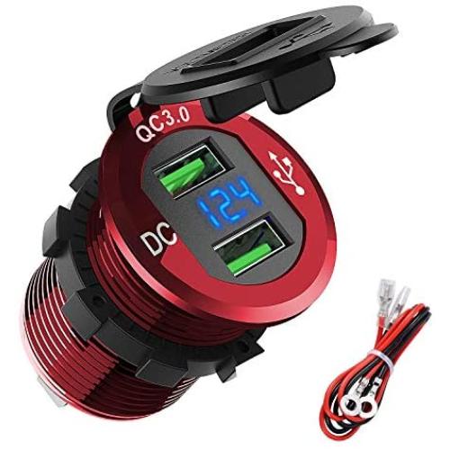 12V USB Outlet, ADSDIA 12V/24V 36W Aluminum QC3.0 USB Car Charger Waterproof Dual Fast Charger Socket Power Adapter Outlet with LED Display for Car Boat Marine Motorcycle Scooter RV Golf Cart DIY Kit