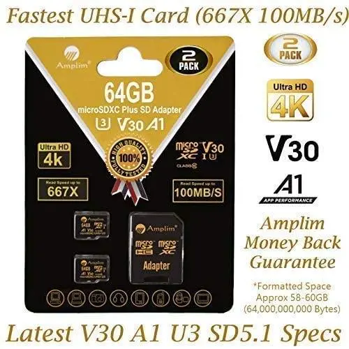 Amplim 2-Pack 64GB Micro SD Card Plus Adapter Pack 2X MicroSD SDXC Card 100MB/s V30 A1 U3 C10 UHS-I 4K Video MicroSDXC Memory Card Nintendo GoPro Camera Galaxy LG Moto Canon Nikon DJI Fire Dashcam Amplim 2-Pack 64GB Micro SD Card Plus Adapter Pack 2X MicroSD SDXC Card 100MB/s V30 A1 U3 C10 UHS-I 4K Video MicroSDXC Memory Card Nintendo GoPro Camera Galaxy LG Moto Canon Nikon DJI Fire Dashcam
