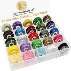 New brothread 25pcs Type L (SA155) Size Assorted Colors Prewound Bobbin Thread Plastic Side for Particular Embroidery and Sewing Machines - 60 Weight