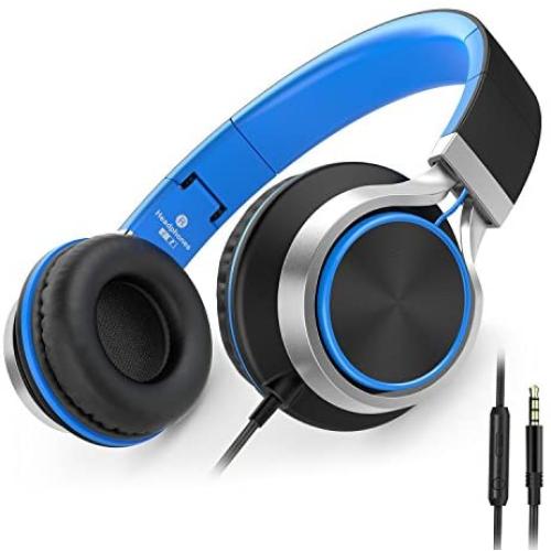 AILIHEN C8 Wired Headphones with Microphone and Volume Control Folding Lightweight Headset for Cellphones Tablets Chromebook Smartphones Laptop Computer PC Mp3/4 (Black/Blue)