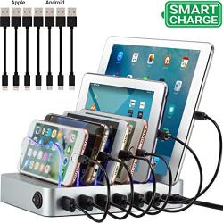 Simicore Charging Station for Multiple Devices, Simicore 6-Port USB Charger Station with 7 Short Mixed Cables for Cell Phones, Smart Phones, Tablets (Silver)