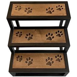 828 Pet Supplies | Black Metal Frame Dog Steps - Acacia Hardwood Slats - Carved Paw Prints - 16 inches Tall - No Assembly Required - Luxurious Pet Stairs