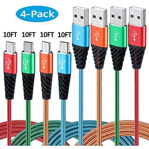 Micro USB Cable 10FT 4-Pack,Bynccea Long Android Charger Cable Nylon Braided Cell Phone Charger Android Fast Charging Cord Compatible with Samsung Galaxy S6 S7 Edge J7,LG,HTC,Motorola,Sony,Xbox,PS4