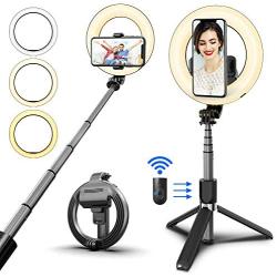 SYOSIN Selfie Ring Light with Tripod Stand and Phone Holder, 6” Rechargeable LED Dimmable Ring Light Selfie Stick Tripod with Bluetooth Remote Control for Live Stream,Makeup,YouTube Video
