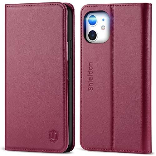 SHIELDON iPhone 11 Case, Genuine Leather iPhone 11 Wallet Folio Protective Case Book Design with Kickstand and RFID Credit Card Slots Magnetic Closure Compatible with iPhone 11 (6.1") - Red Violet