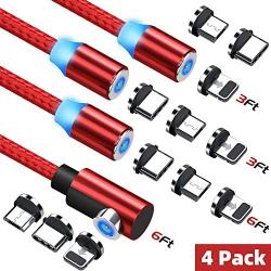Magnetic Charging Cable, Ankndo 3 in 1 Magnetic Phone Charger Cable [4-Pack, 3ft/3ft/6ft/6ft] Nylon Braided Magnet Charger Cable Compatible with Micro USB, Type C Smartphone and iProduct Device -Red