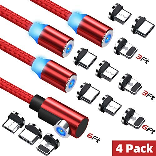 Magnetic Charging Cable, Ankndo 3 in 1 Magnetic Phone Charger Cable [4-Pack, 3ft/3ft/6ft/6ft] Nylon Braided Magnet Charger Cable Compatible with Micro USB, Type C Smartphone and iProduct Device -Red