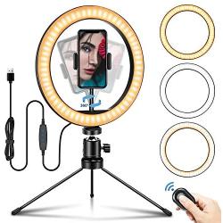 Selfie Ring Light 10" with Tripod Stand & Phone Holder for Live Streaming & YouTube Video, Makeup Ring Light & Dimmable Desk Ring Light with Wireless Remote for Photography with iPhone Android