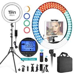 Ring Light with Stand for ipad and Remote Control 19 Make up Bi-Color 3000K-5800K CRI≥97 & TLCI ≥99 with 4 Soft Color Filters for Tiktok YouTube, Facebook Live,Self-Portrait and Blogging