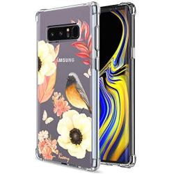 KIOMY Galaxy Note 8 Case, Crystal Clear Case with Design Flowers Bird Pattern Print Bumper Protective Shockproof Case for Samsung Galaxy Note 8 Flexible Soft TPU Gel Silicone Floral Cover for Girls