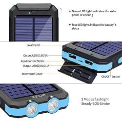 Solar Charger 20000mAh YOESOID Portable Outdoor Waterproof Solar Power Bank Camping External Battery Packs with Dual USB Output 2 Led Light Flashlight Compatible Most Smart Phones and Tablets