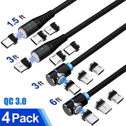 Magnetic Charging Cable,(4Pack 1ft/3ft/3ft/6ft) LSGAE 2nd Generation 3 in 1 Cable QC 3.0 Fast Charging & Data Transmission, Compatible with Mirco USB, Type C Smartphone and iProduct Device (Black)