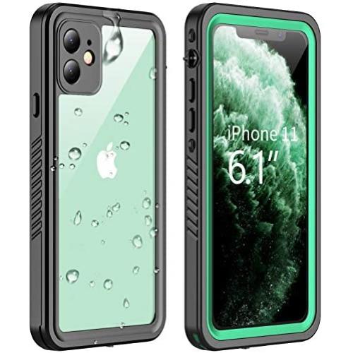 Vapesoon iPhone 11 Waterproof Case, Built-in Screen Protector 360 Full-Body Protection Clear Call Quality Heavy Duty Waterproof Shockproof Cover Case for iPhone 11 2019（6.1 Inch）-Black/Green