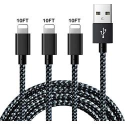 JIMROZ iPhone Charger, MFi Certified Lightning Cable 3 Pack 10ft Nylon Braided Fast Charging Sync Cord Compatible with iPhone 11 Pro Max XS XR X 8 7 6s 6 Plus 5 5s, iPad, iPod and More, BlackGrey