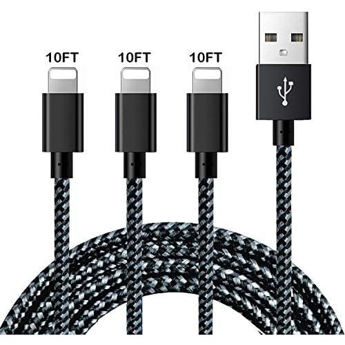 JIMROZ iPhone Charger, MFi Certified Lightning Cable 3 Pack 10ft Nylon Braided Fast Charging Sync Cord Compatible with iPhone 11 Pro Max XS XR X 8 7 6s 6 Plus 5 5s, iPad, iPod and More, BlackGrey