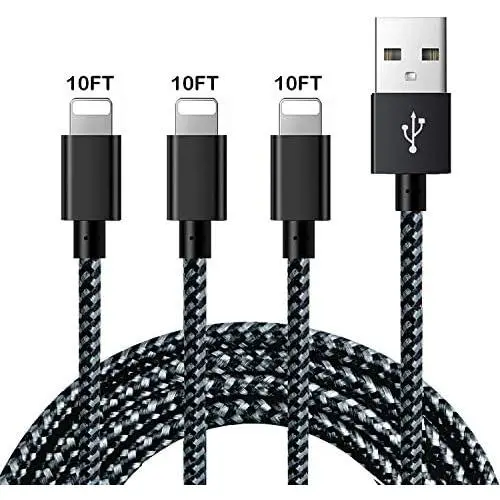 JIMROZ iPhone Charger, MFi Certified Lightning Cable 3 Pack 10ft Nylon Braided Fast Charging Sync Cord Compatible with iPhone 11 Pro Max XS XR X 8 7 6s 6 Plus 5 5s, iPad, iPod and More, BlackGrey