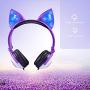 Isightguard Kids Headphones, Wired Headphones On Ear, Cat Ear Headphones with LED for Girls, 3.5mm Audio Jack for Cell Phone (Purple)