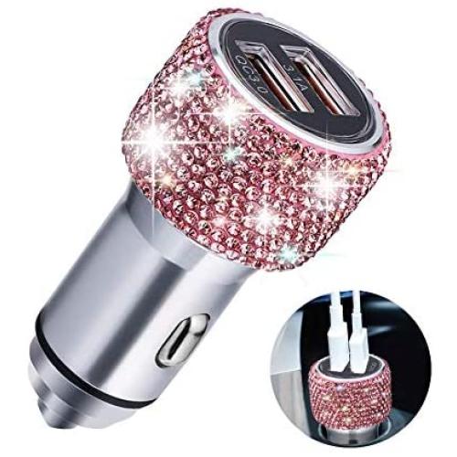 Quick Charge Car Charger, SAVORI QC3.0 Dual USB Car Adapter Bling Rhinestones Crystal Fast Charging Car Decors Compatible for iPhone Xs Max XR X Plus, iPad Pro/Air 2/Mini, Samsung Galaxy (Pink)