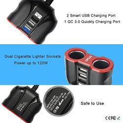 QC3.0 Car Charger with Extension Cable, Multi Car Charger Cigarette Lighter, 3 USB (QC3.0x1+Smart Socketx2)+2 Socket Car Splitter+90mm Cable for GPS/iPhone/Samsung Cell Phone