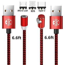 UGI Magnetic Charger Cable 3 in 1 Charging Cable Nylon Braided LED Lighting Cord Compatible with Android,Micro USB,Type C/USB C,i- OS Smartphone Devices (6.6ft L-Shape+3.3ft/6.6ft Straight,3 Pack)