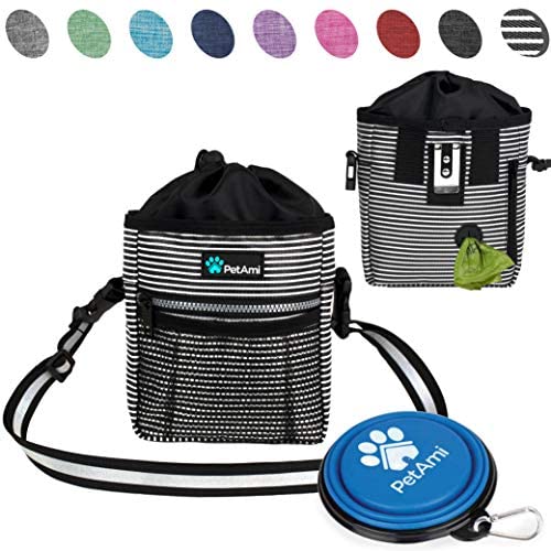 PetAmi Dog Treat Pouch | Dog Training Pouch Bag with Waist Shoulder Strap, Poop Bag Dispenser and Collapsible Bowl | Treat Training Bag for Treats, Kibbles, Pet Toys | 3 Ways to Wear