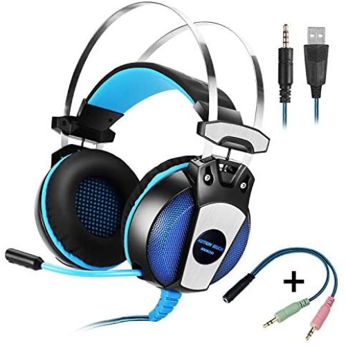 KOTION EACH GS500 Professional 3.5mm PC Stereo Gaming Headset, Bass Headphones, Comfortable Headband with in-line Mic, Integrated Microphone, LED Light for PS4 PC Computer Laptop Mobile Phones (Blue)