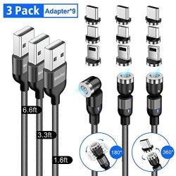 Magnetic Charging Cable(3-Pack, 1.6ft/3.3ft/6.6ft), Melonboy 360°&180° Rotation Magnetic Phone Charger Cable, 3 in 1 Nylon Braided Magnetic Cable Compatible with Micro USB, Type C and iProduct - Black