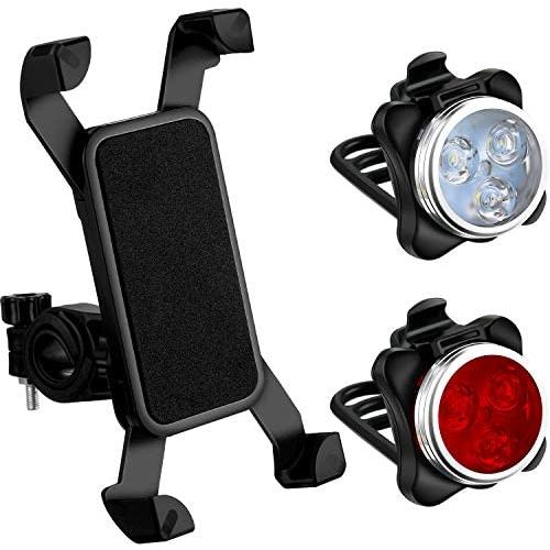 3 Pieces USB Rechargeable Bicycle Light Front Back Bike Lights and Bike Phone Mount Anti Shake Bicycle Phone Mount Holder for Bike Riding Accessories (Black)