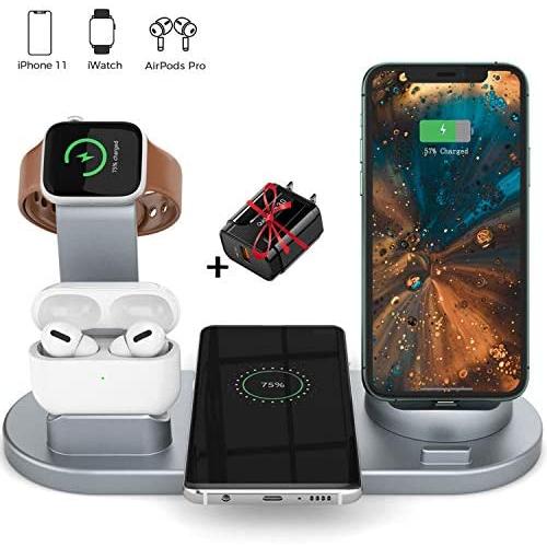 LUKKAHH Wireless Charger, 4 in 1 Wireless Charging Station for Apple Watch and Airpods Pro, Charger Stand for Multiple Devices, Qi Fast Wireless Charging Dock for iPhone 11/11 Pro Max/X/XS/XS/8/8 Plus