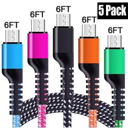 Micro USB Cable, Android USB Cable Cord High Speed 6ft 5Pack Braided Fast Charging Phone Charger for Samsung Galaxy S6 S7 Edge J3 J7,Note 3 4 5,Tablet S2 S4, LG Stylo 2/3 Plus, Kindle Fire 7 8 10