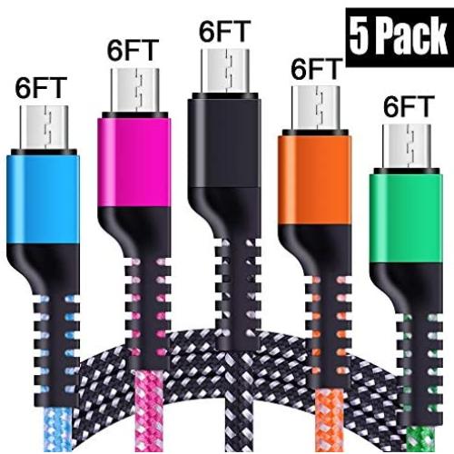 Micro USB Cable, Android USB Cable Cord High Speed 6ft 5Pack Braided Fast Charging Phone Charger for Samsung Galaxy S6 S7 Edge J3 J7,Note 3 4 5,Tablet S2 S4, LG Stylo 2/3 Plus, Kindle Fire 7 8 10