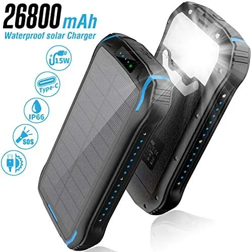 Solar Charger 26800mAh, Solar Power Bank, Portable Charger Battery Pack with 3 Outputs & 2 Inputs(Micro USB & Type-C) Huge Capacity Backup Battery Compatible Smartphone, Tablet and More Solar Charger 26800mAh, Solar Power Bank, Portable Charger Battery Pack with 3 Outputs & 2 Inputs(Micro USB & Type-C) Huge Capacity Backup Battery Compatible Smartphone, Tablet and More