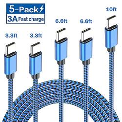 USB C Cable 3A Fast Charging, [5-Pack,3.3/6.6/10ft] USB-A to USB-Type C Fast Charging Cable Nylon Braided Charge Cord Compatible with Samsung Galaxy S10 S10E S9 S8 S20 Plus,Note 9 8,LG V30(Navy Blue)