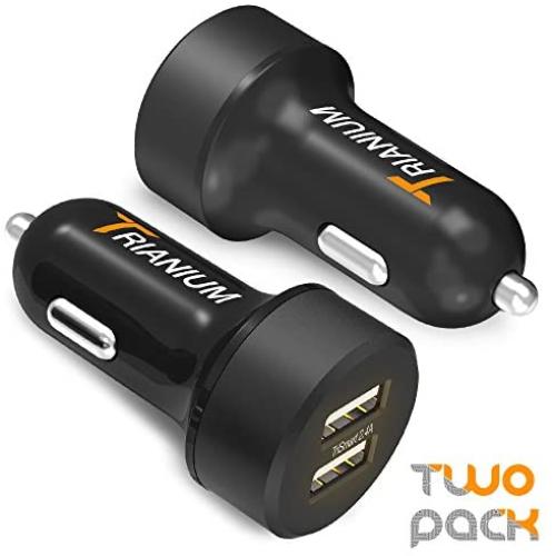 Trianium Car Charger 24W (2 Pack) Dual Charger Adapter, AtomicDrive SmartUSB Compatible iPhone 11 Pro Max/XR/XS Max/X/8/7/6/SE Plus, iPad Pro/Air2/Mini,Galaxy S20,Note 10,LG,Nexus, HTC,Huawei,and More