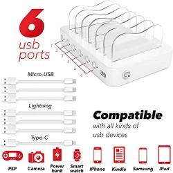 Poweroni USB Charging Station Dock - 6-Port - Fast Charge Docking Station for Multiple Devices - Multi Device Charger Organizer - Compatible with iPad iPhone and Android Cell Phone and Tablet - White