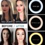 Selfie Ring Light with Cell Phone Holder, Clamp-on Flexible Gooseneck Arms, 3 Light Modes, 10 Brightness Levels, Compatible with Smart Phones for Ins, YouTube, Facebook (Black)